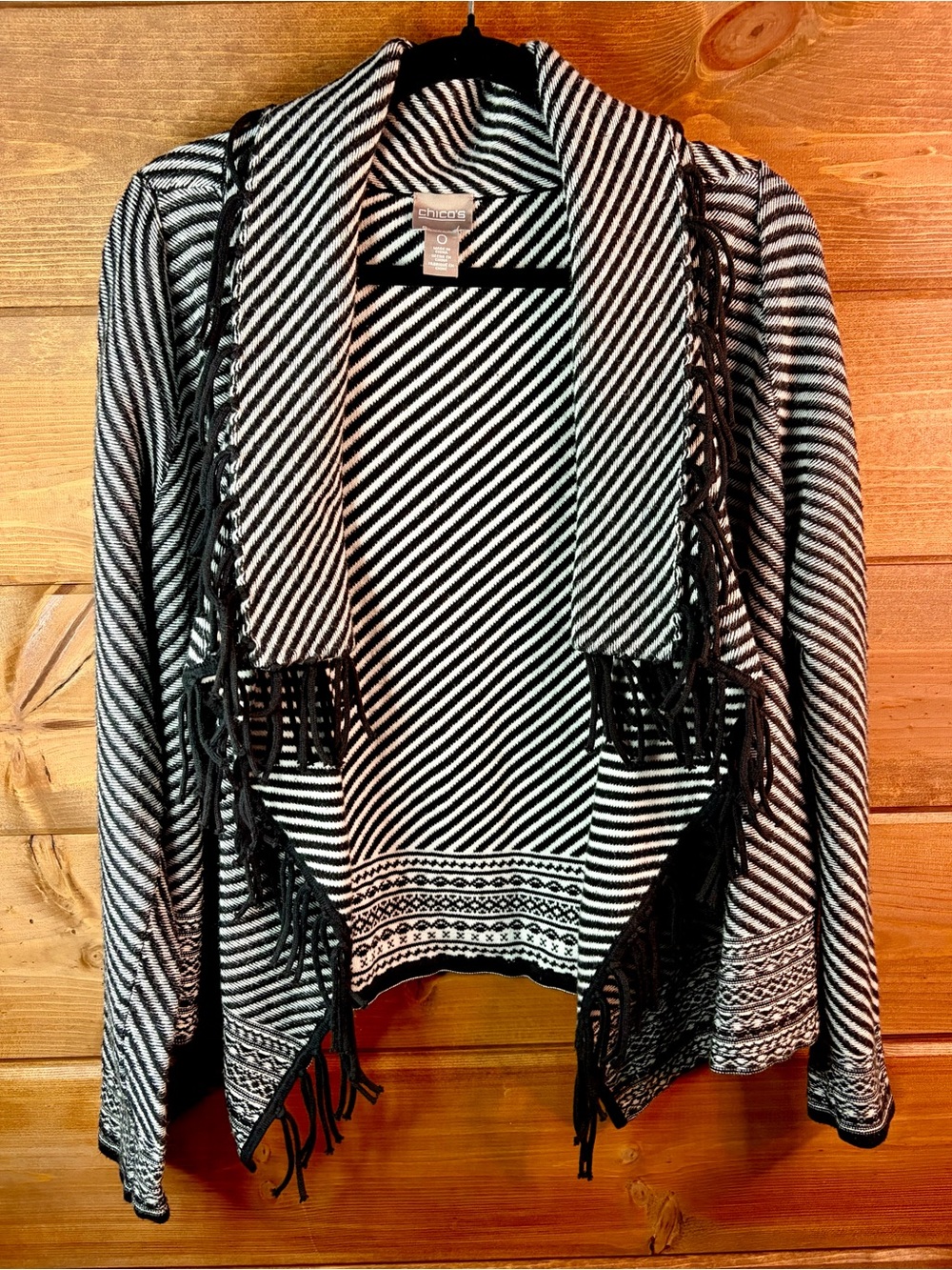 Chico's Black & White Striped Fringe Open Cardigan Size Small - Chico’s Size 0 🖤